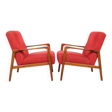 Danish vintage design wooden armchairs with coral fabric, 1950s