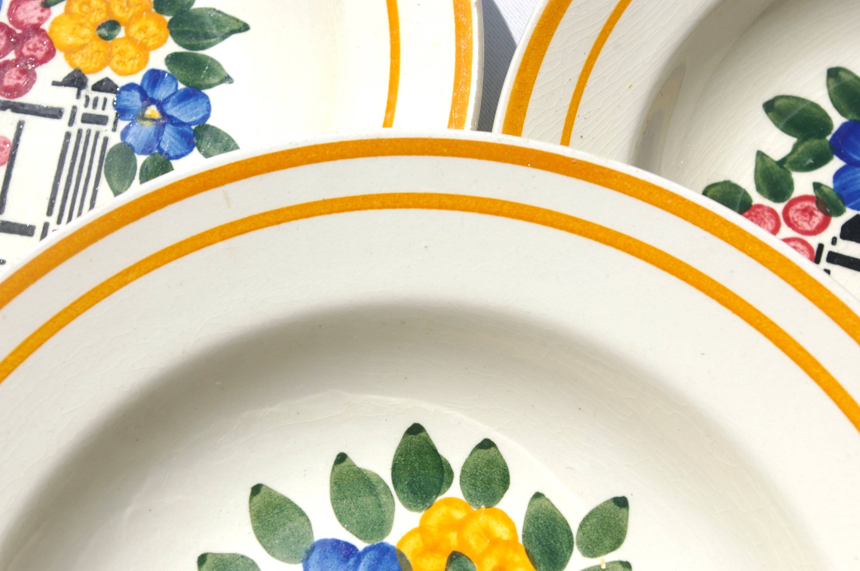 10 HB Creil Montereau earthenware soup plates, "Fleuri" model