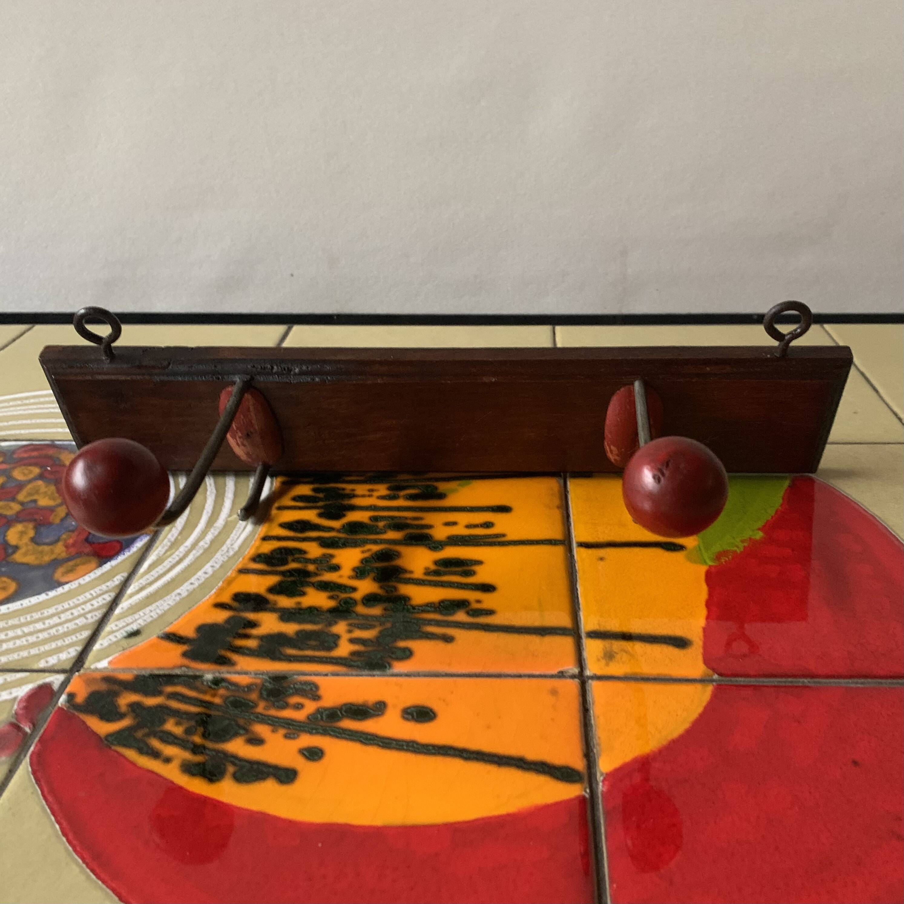 Vintage coat rack - double coat hook - red wooden balls
