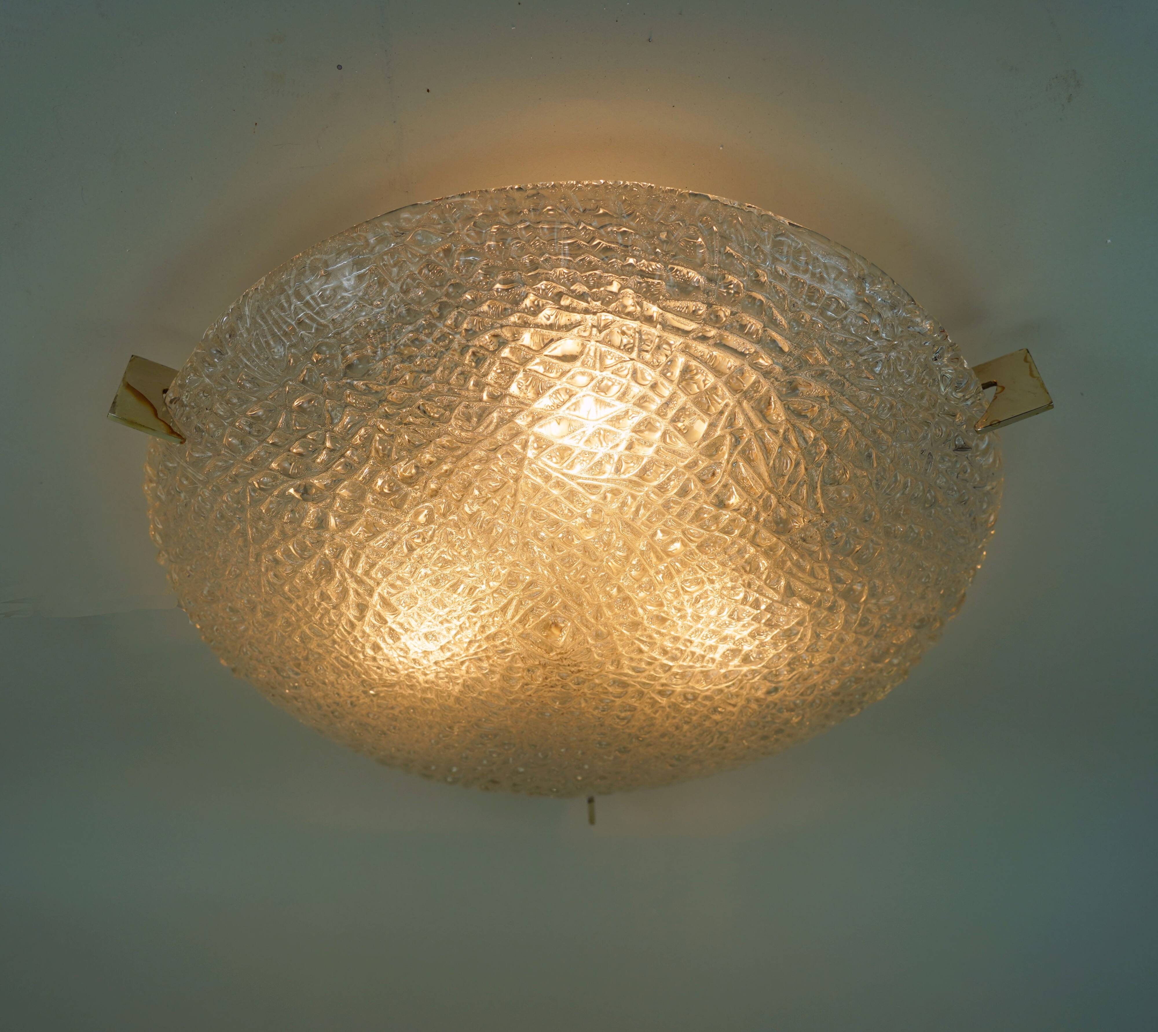 vintage kaiser ice glass ceiling LAMP flush mount 60/70's relief surface
