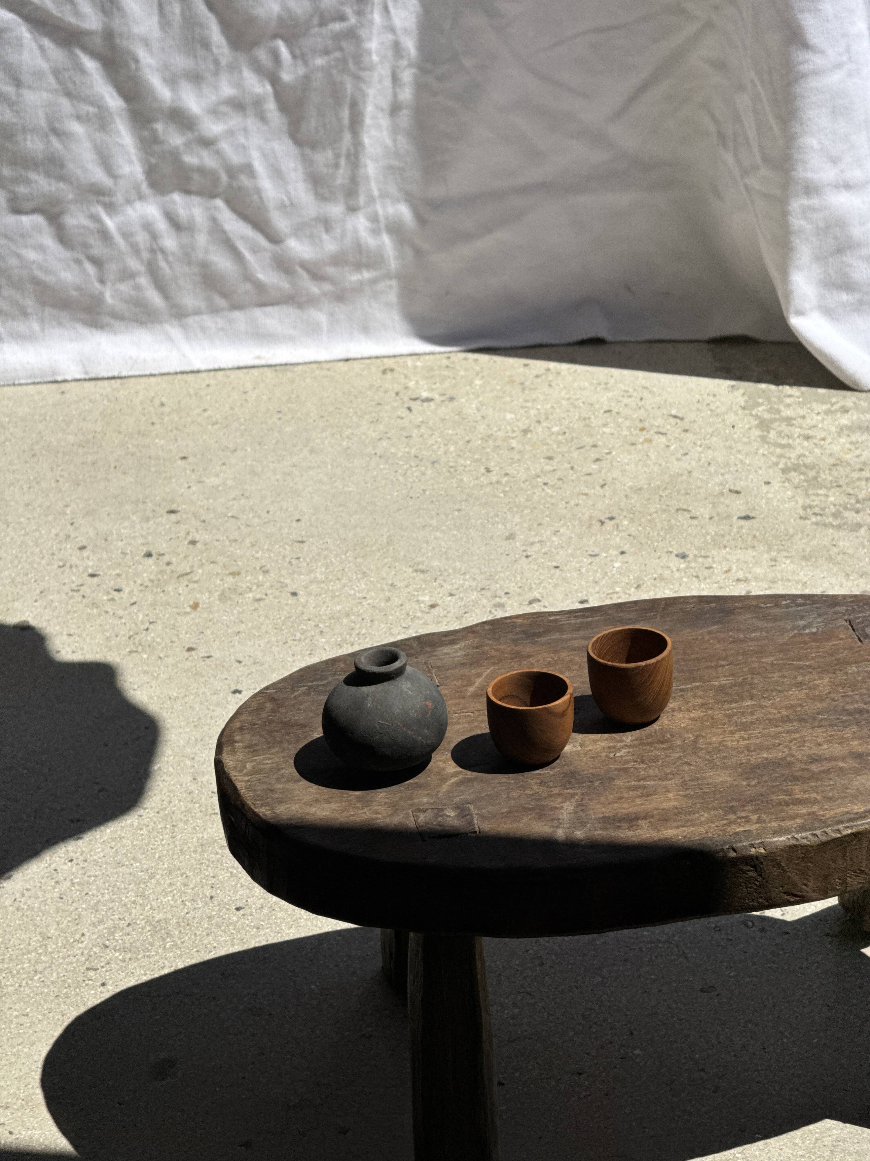 Small stool or small oval side table in solid teak wabi-sabi H24 53