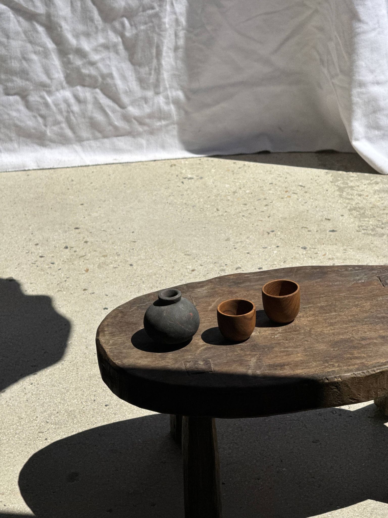 Small stool or small oval side table in solid teak wabi-sabi H24 53