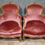 Pair of cabriolet armchairs in Louis XV style – Carved wood – Pink velvet –