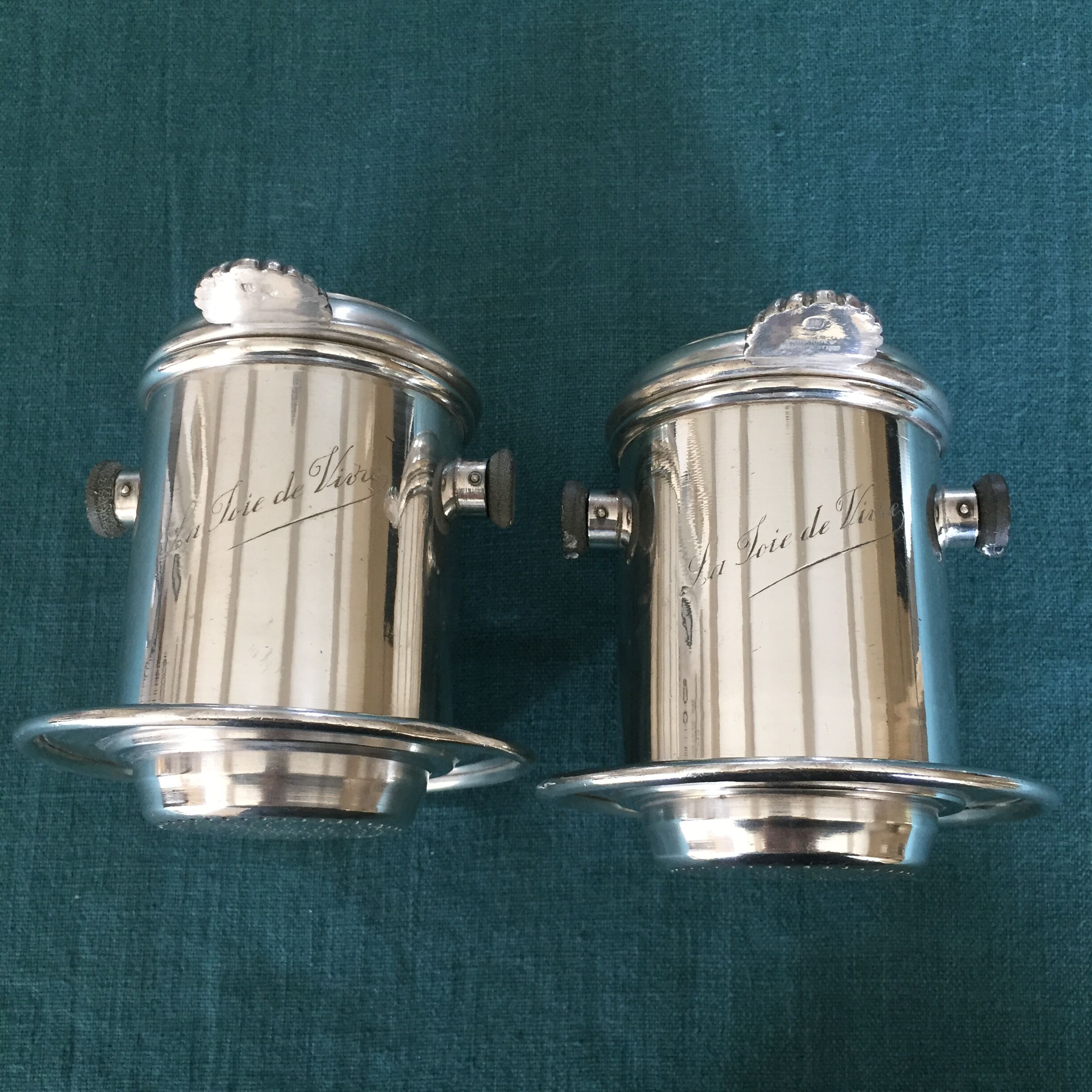 Duo of old coffee filters in silver metal Félix Frères