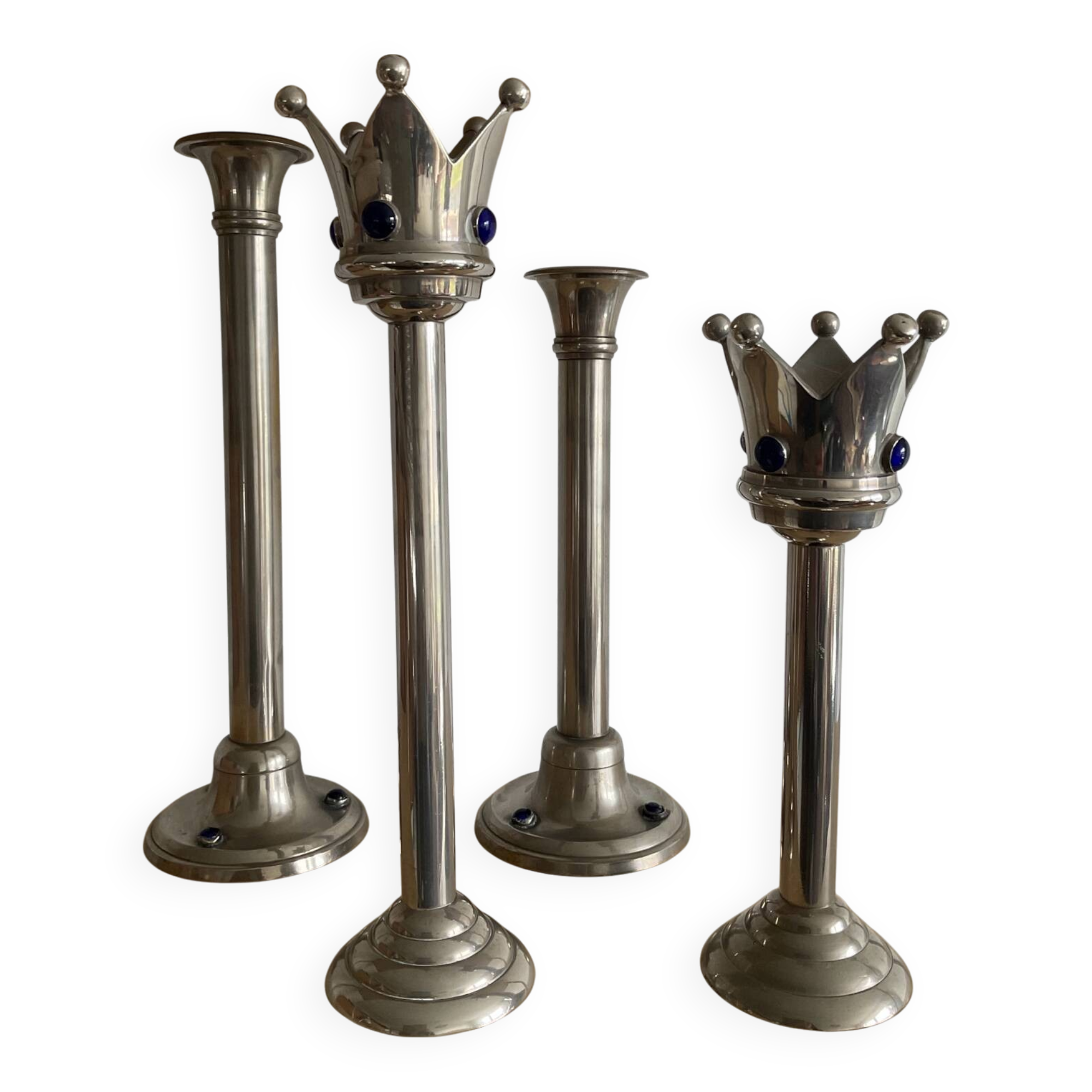 Set of 4 Art Deco candlesticks in silver-plated metal and lapis lazuli