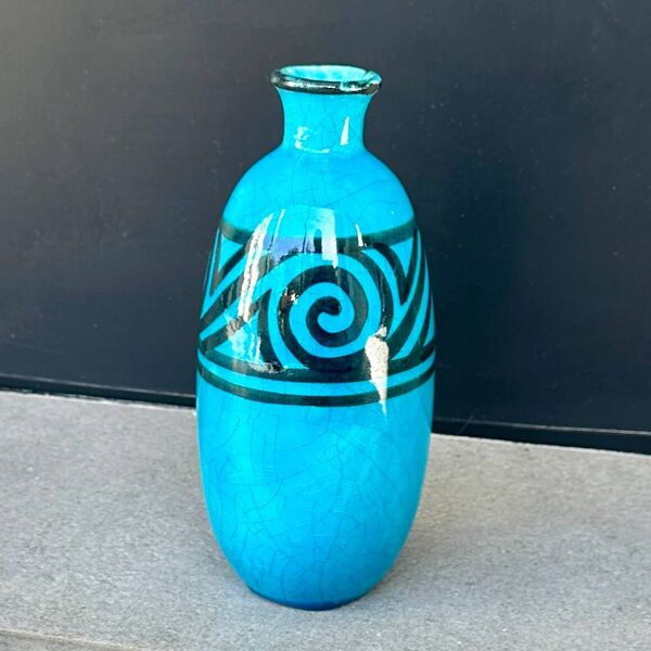 Vase ovoïde en céramique à émail bleu craquelé – Edmond Lachenal - Art déco