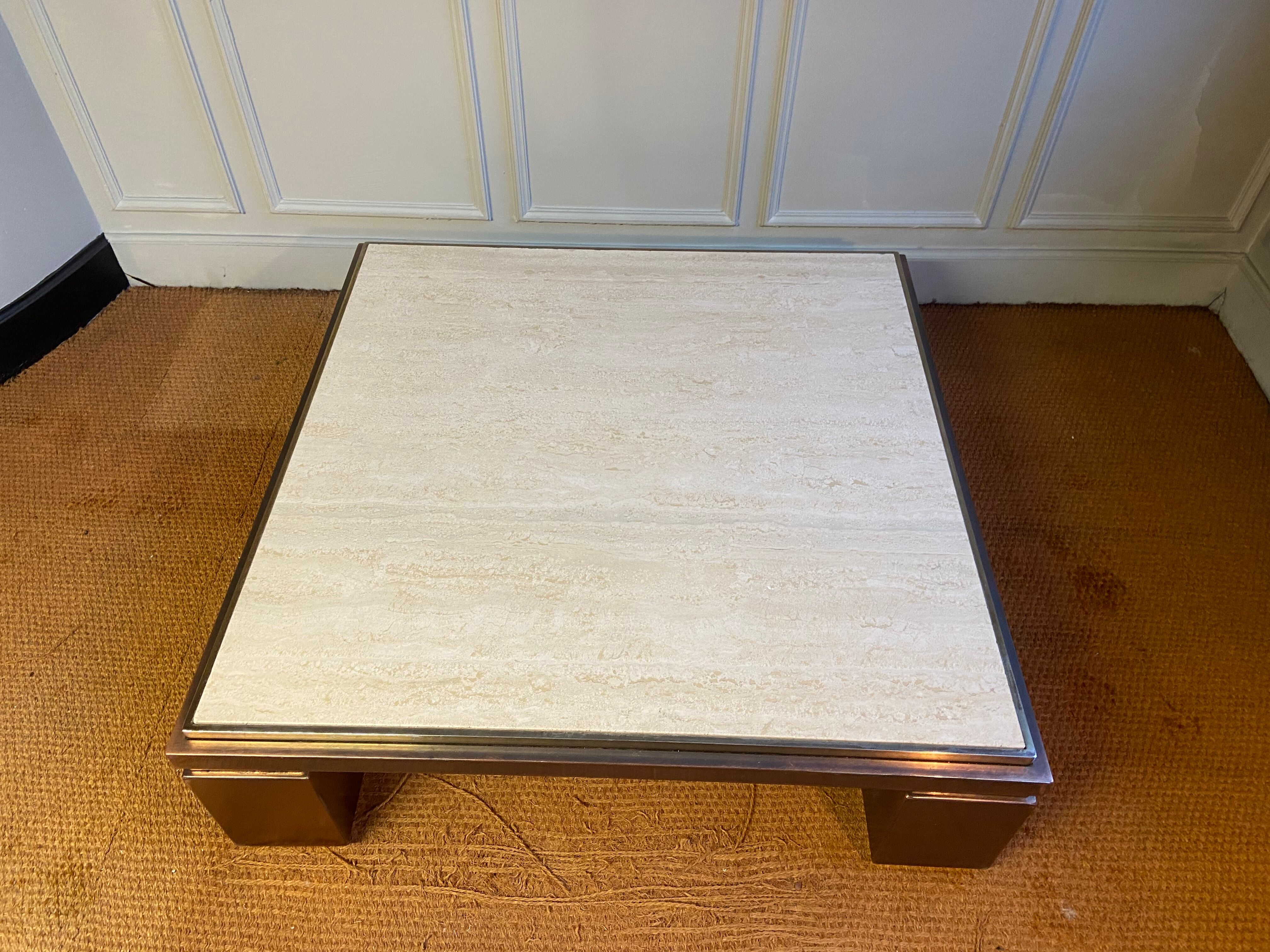 XXL copper, brass and travertine square coffee table, Belgo Chrom