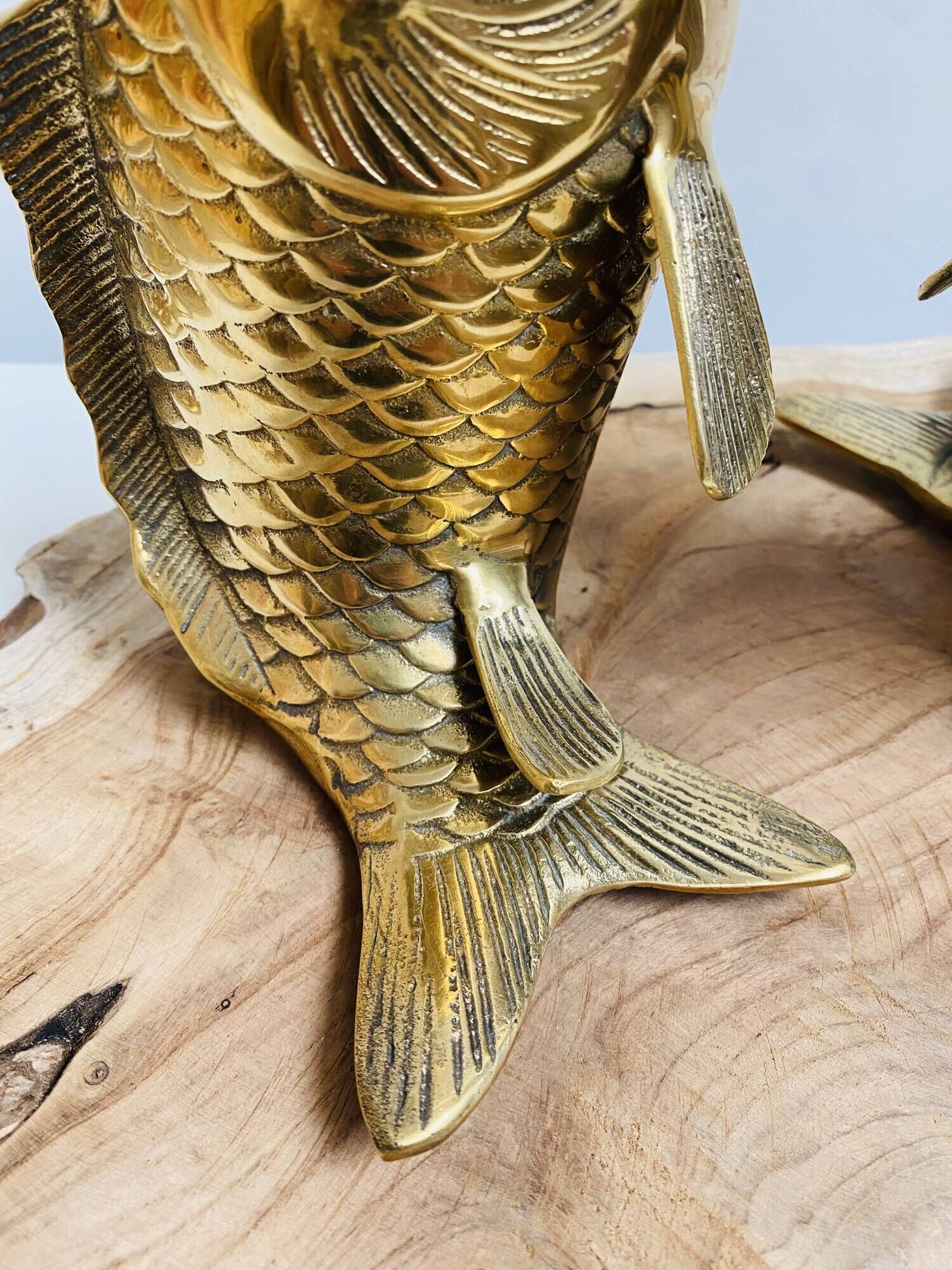 Pair of koi carp vases in brass, animal sculpture
