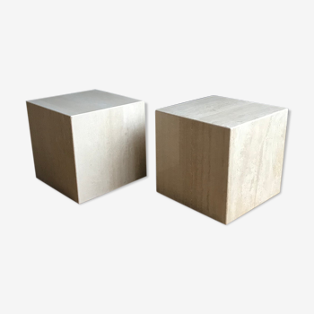 Mid-century modern travertine cube side end tables