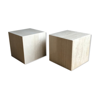 Mid-century modern travertine cube side end tables