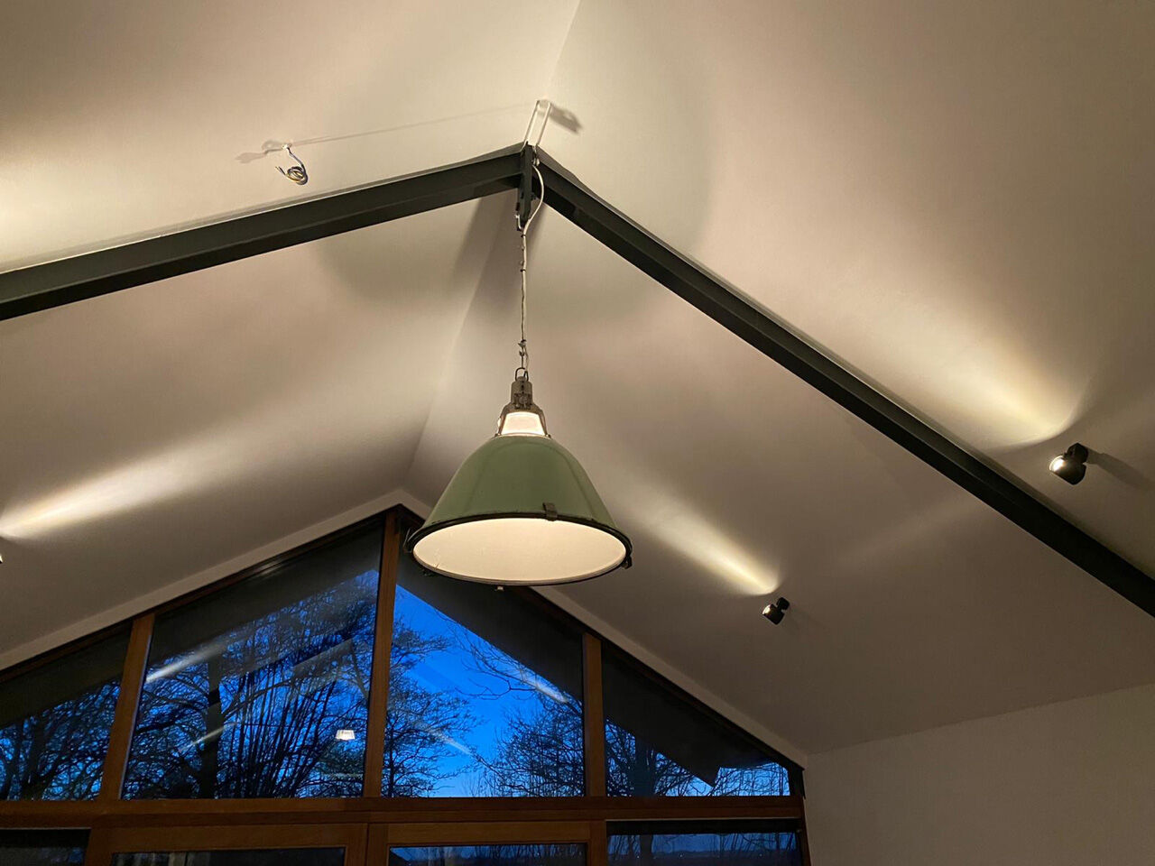 Green Enameled Industrial Pendant Light, 1950s