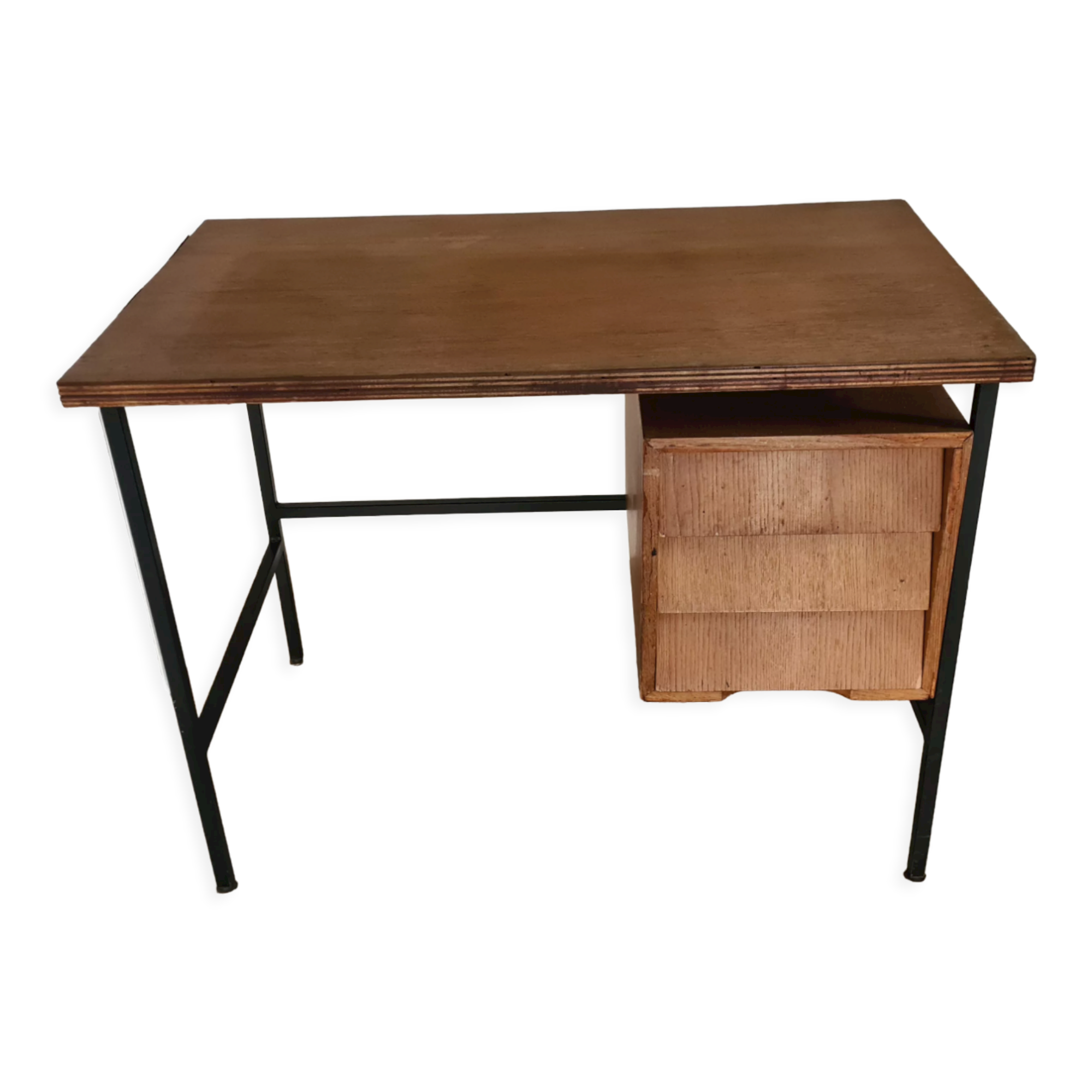 Old wood and metal desk 3 drawers 50s
