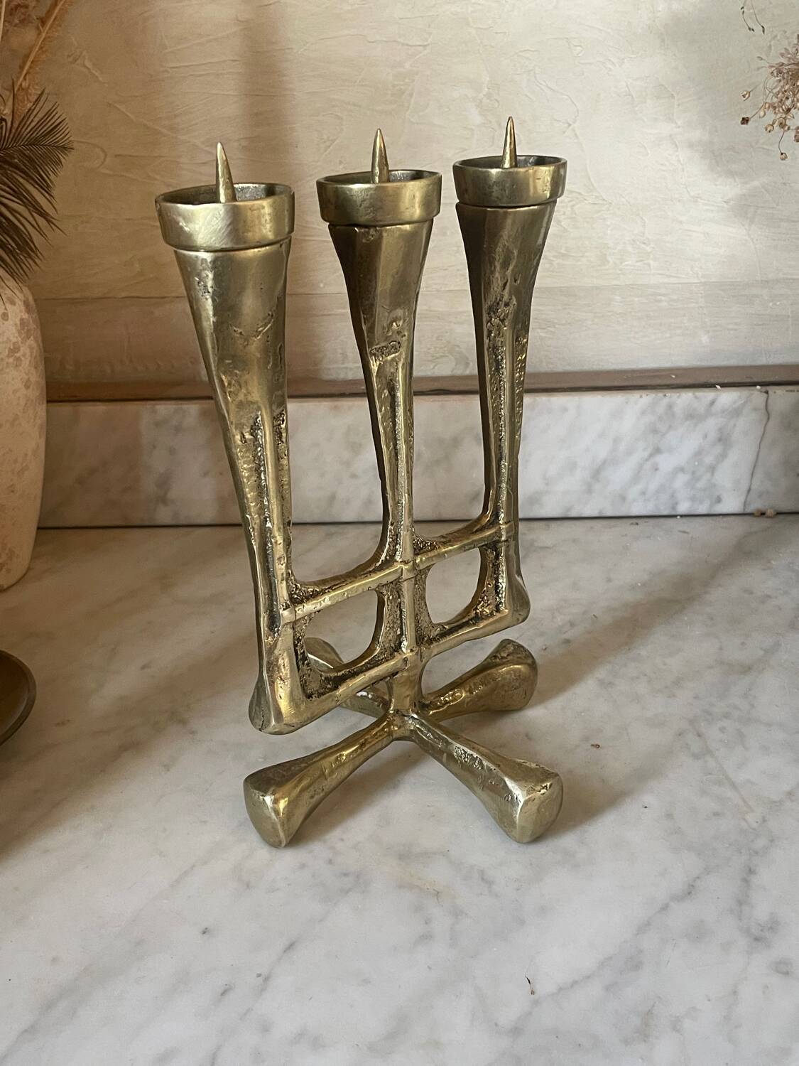 Vintage solid brass brutalist candle holder