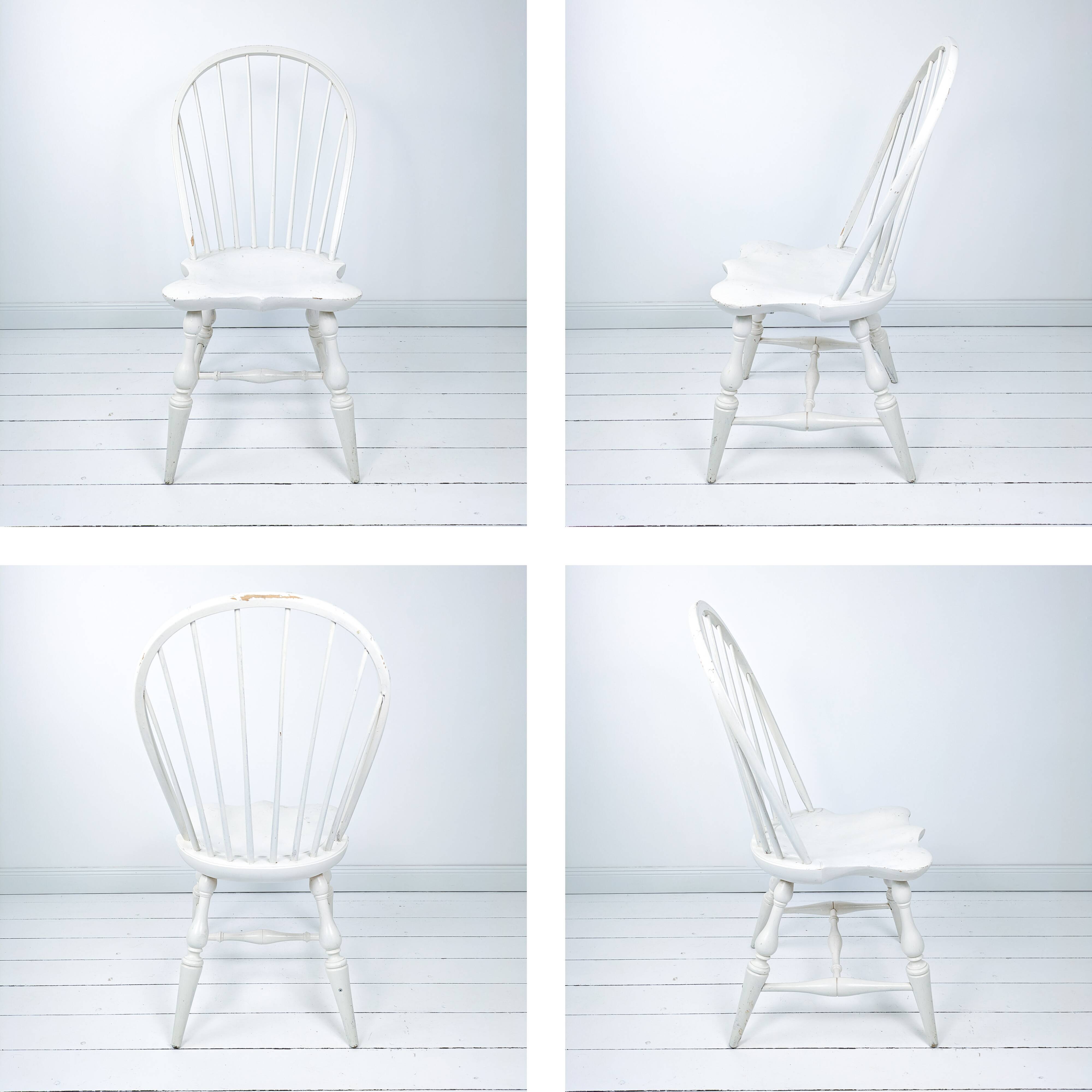 Chaise vintage en bois blanc avec dossier à barreaux, style maison de campagne