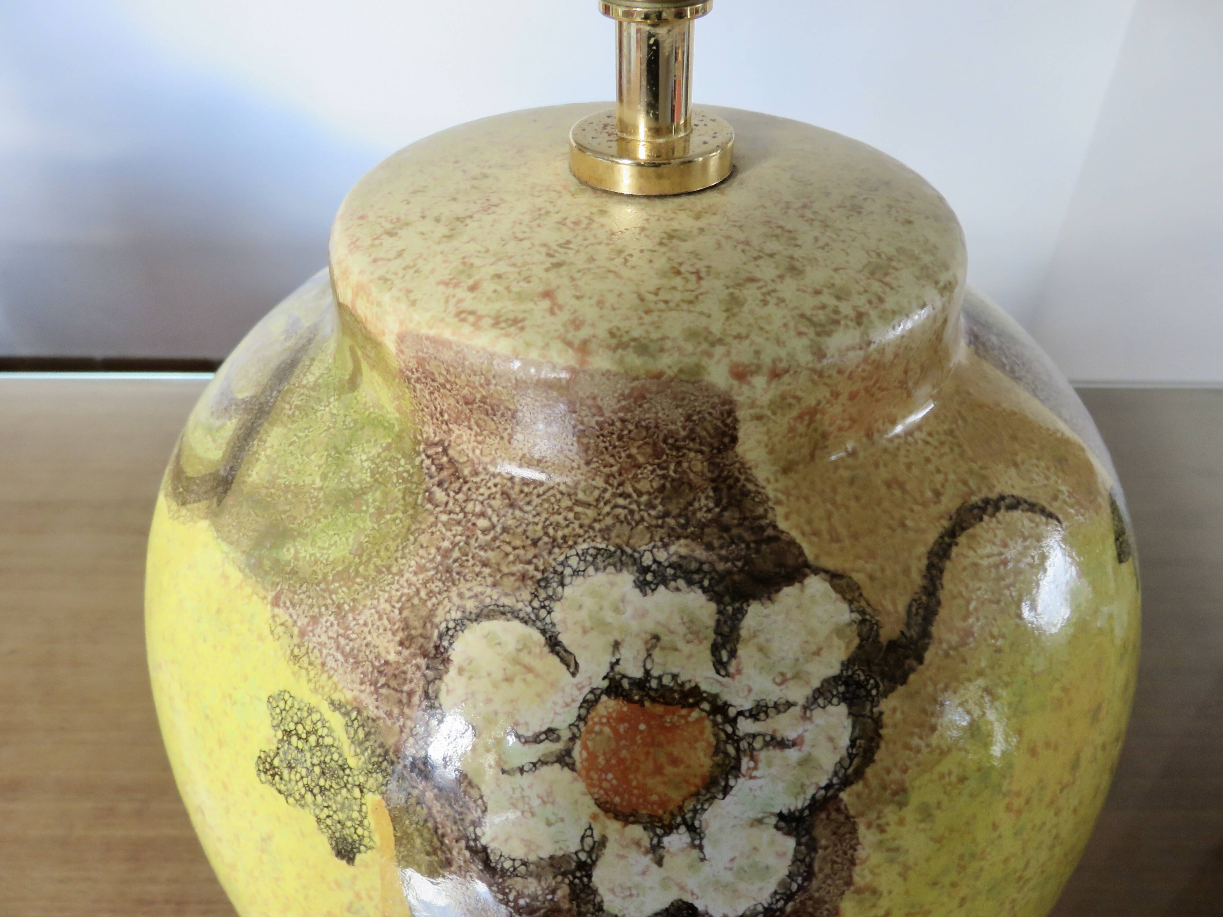 Hubert Olivier ceramic lamp with floral decoration, 1980.