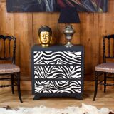 Restored chest of drawers with zebra tapestry 20th century