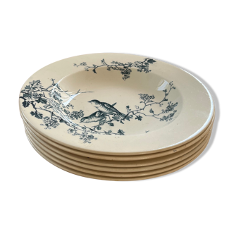 Set of 6 plates birds and flowers blue Fauvette signed Luneville