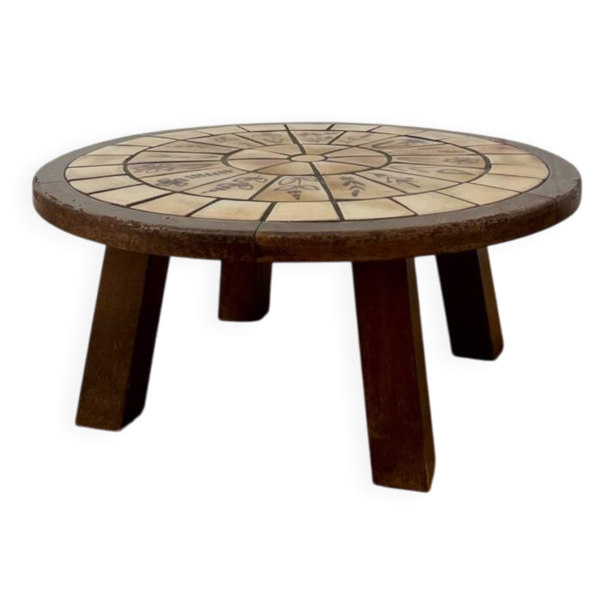 Round coffee table in ceramic and wood in the style of Roger Capron.