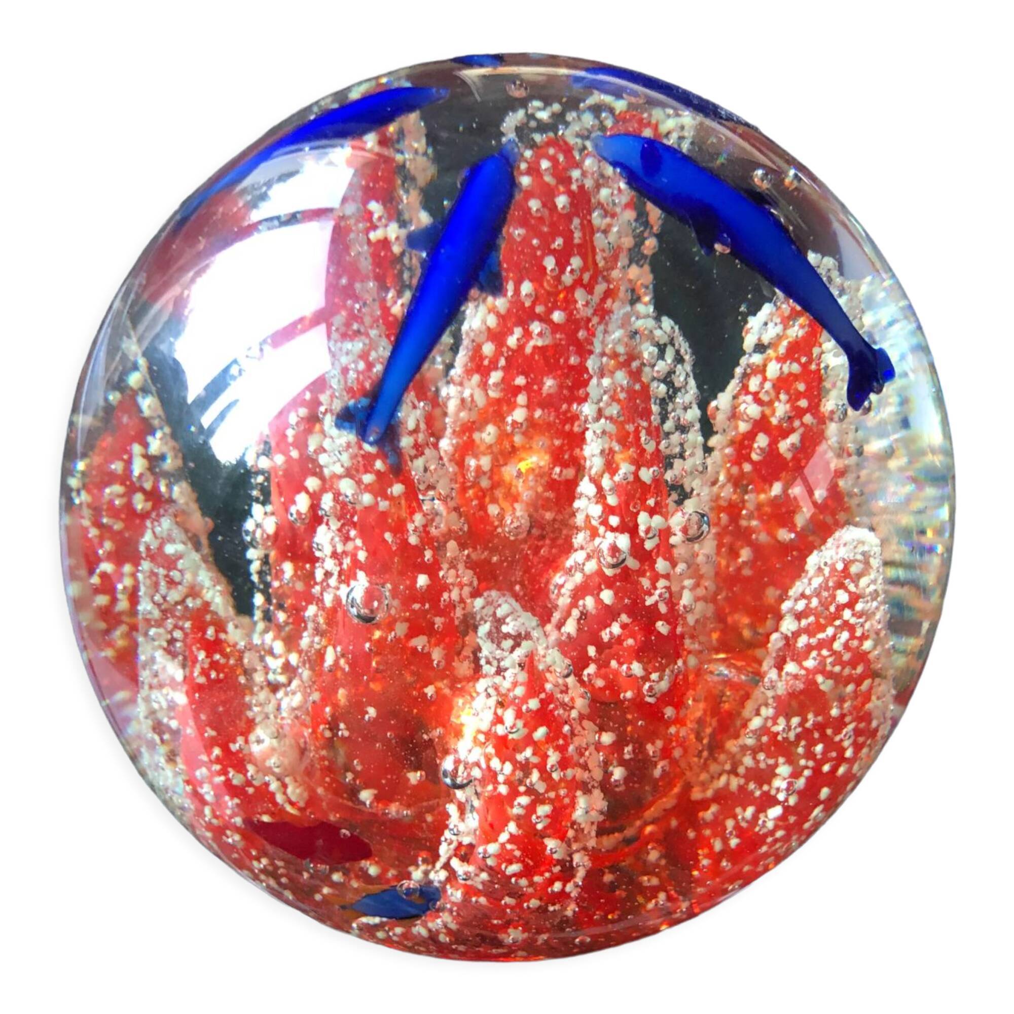 Murano glass ball paperweight Coral dolphins and fish