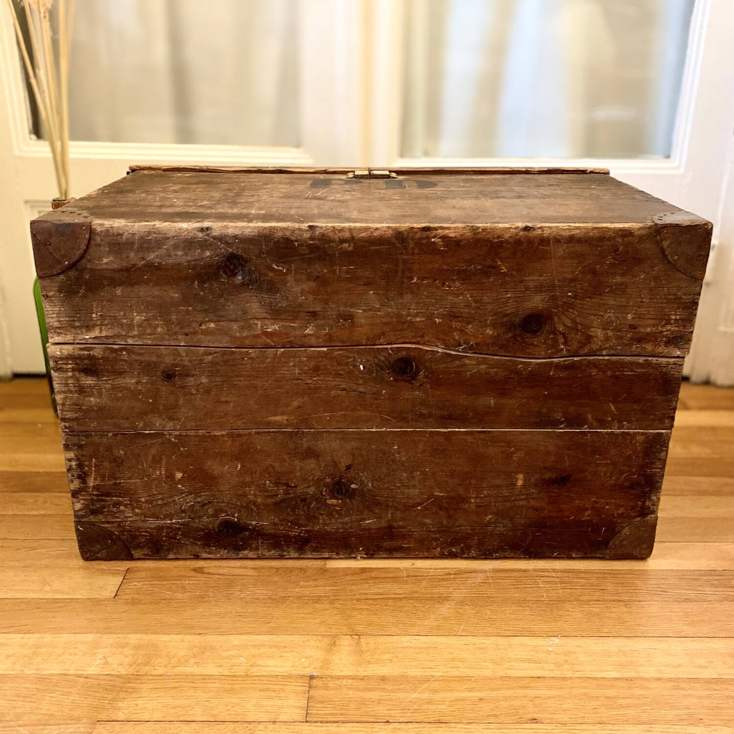 Old wooden trunk chest, vintage flat top