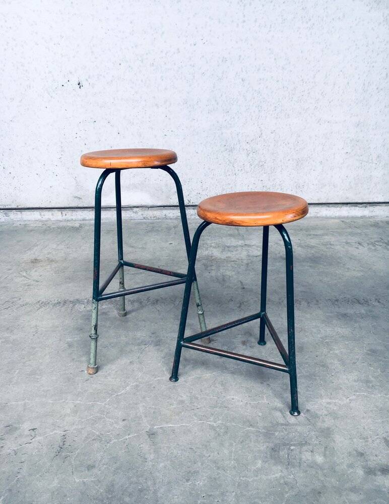 Set of Industrial Green Tripod Stool Set, Belgium, 1950s