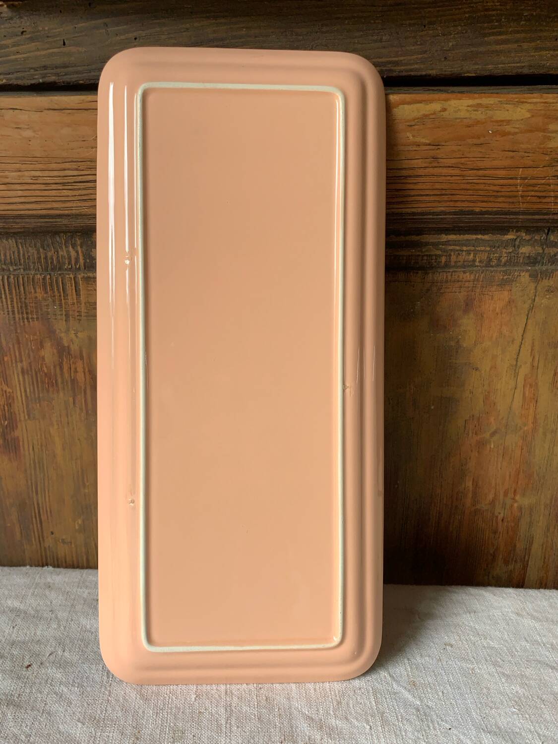 Large antique salmon pink log cake dish