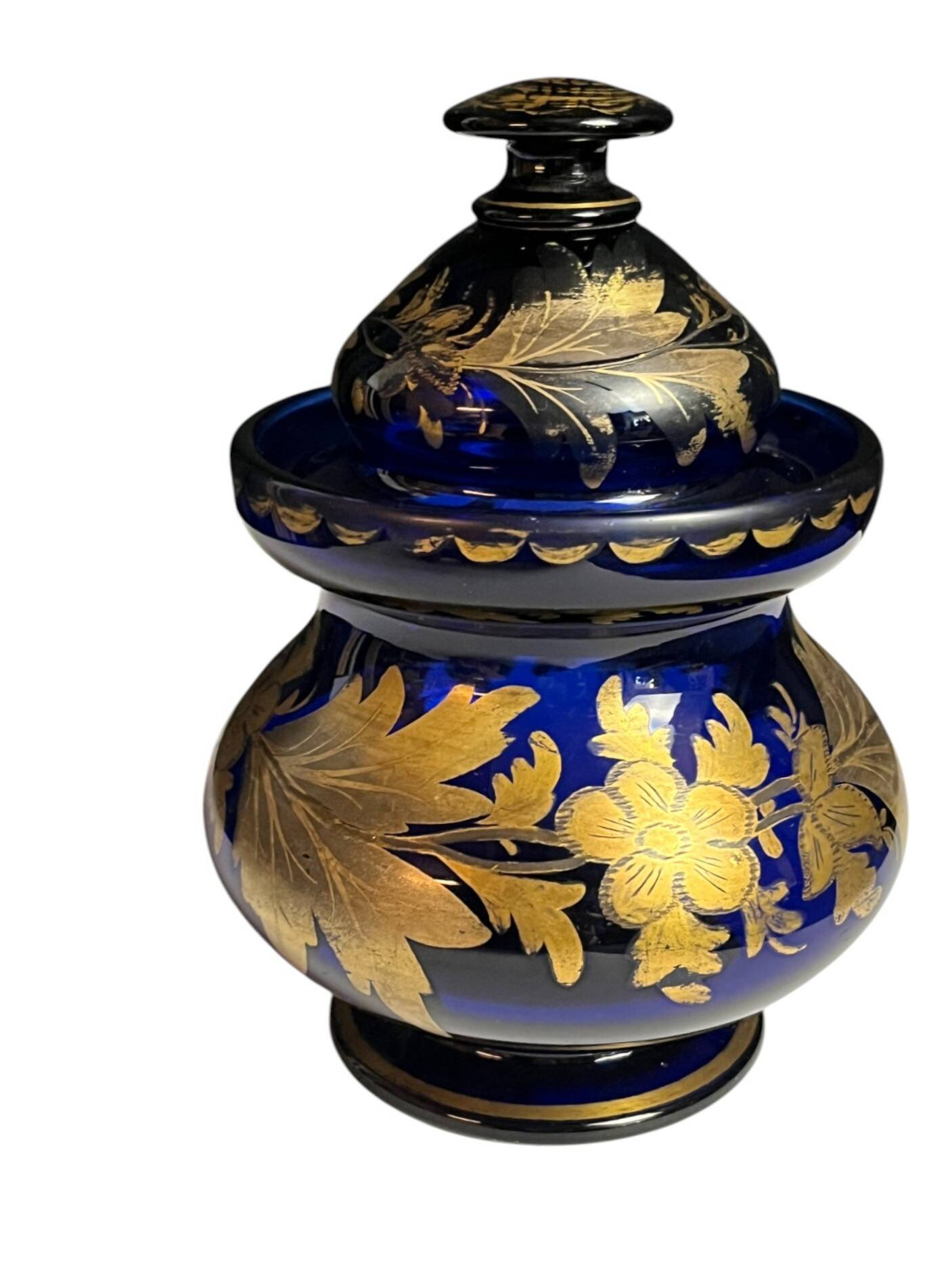 Antique covered pot or sugar bowl in blue and gold glass, early 20th century