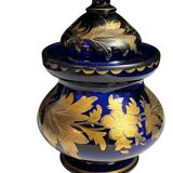 Antique covered pot or sugar bowl in blue and gold glass, early 20th century