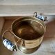Small cauldron on foot with ceramic handles, vintage pot cover