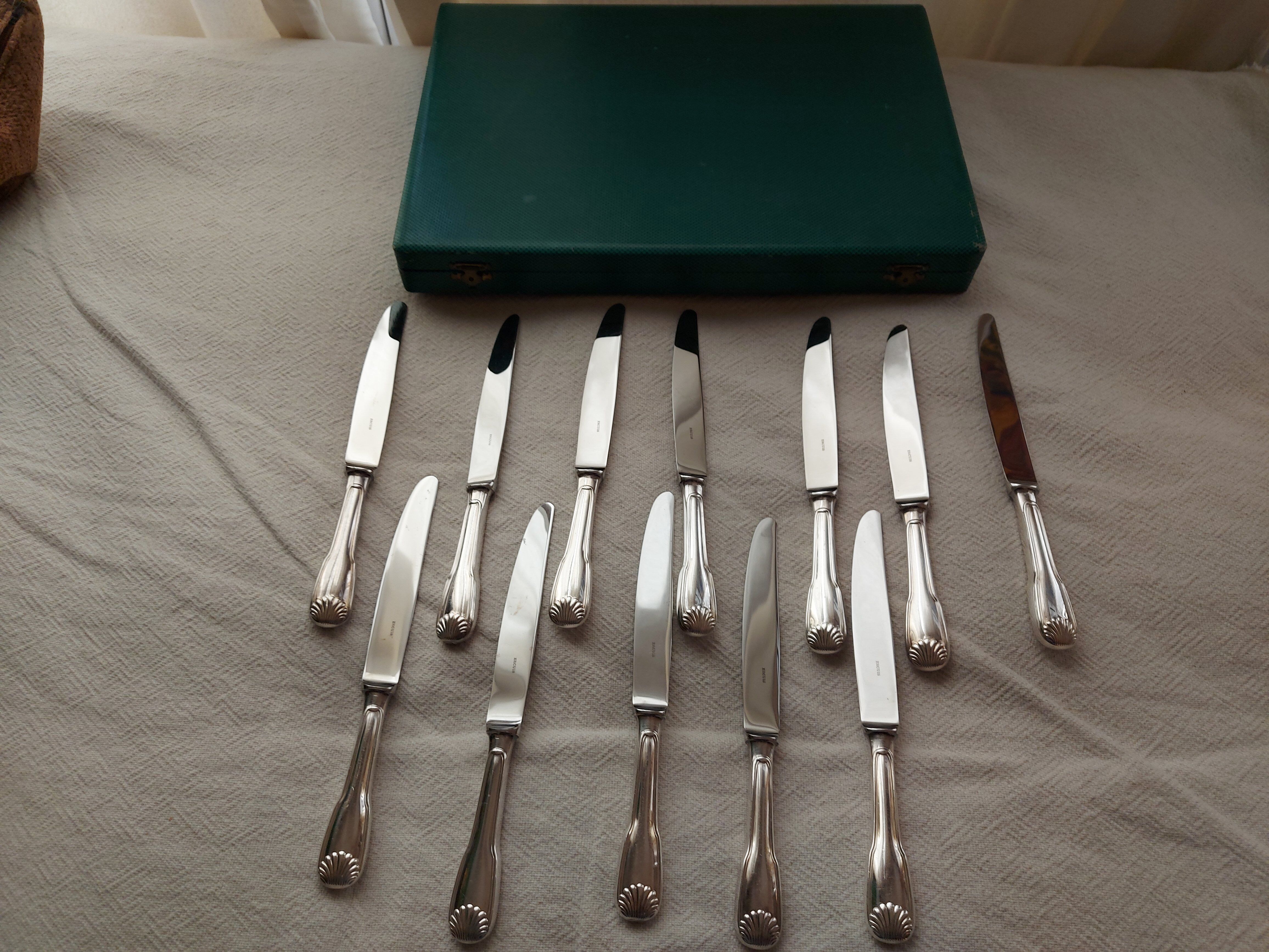 12 Silver Metal Ercuis Table Knives Box