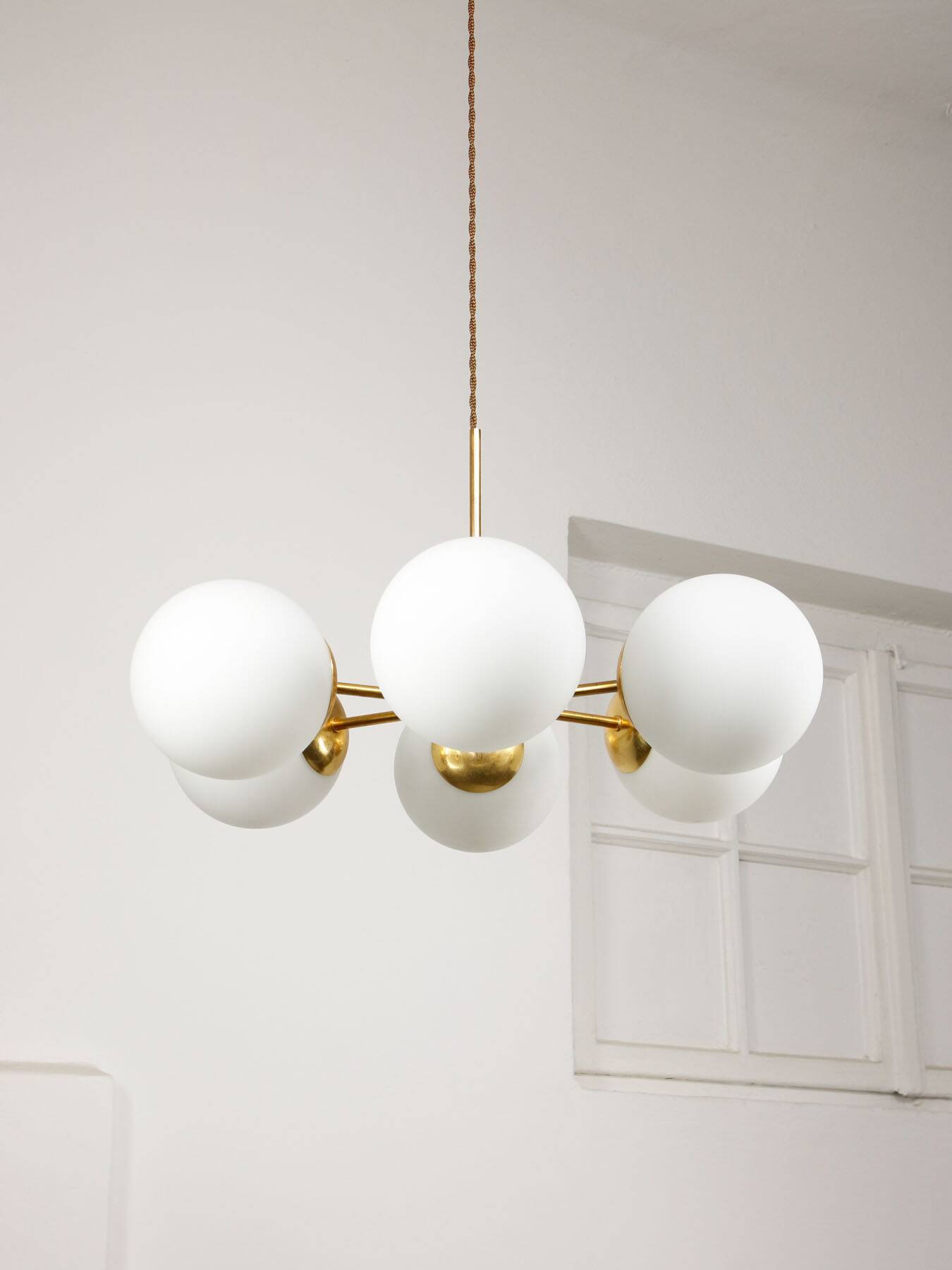 Mid-Century Modern Italian 6-Arm Sputnik Chandelier with Opaline Shades, 19