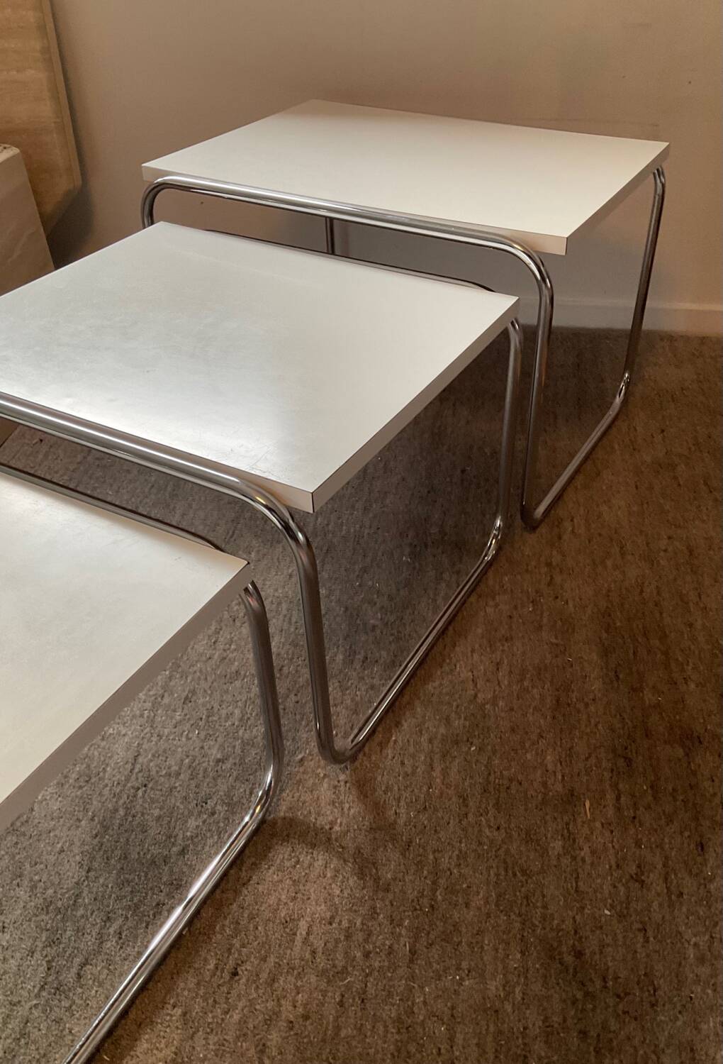 Trio of vintage nesting tables in Formica and chrome metal