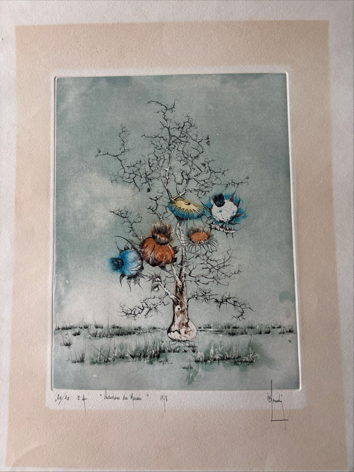 Original Engraving Bernard Louedin 1978 "Thistles of the Marsh" Signed Numbered
