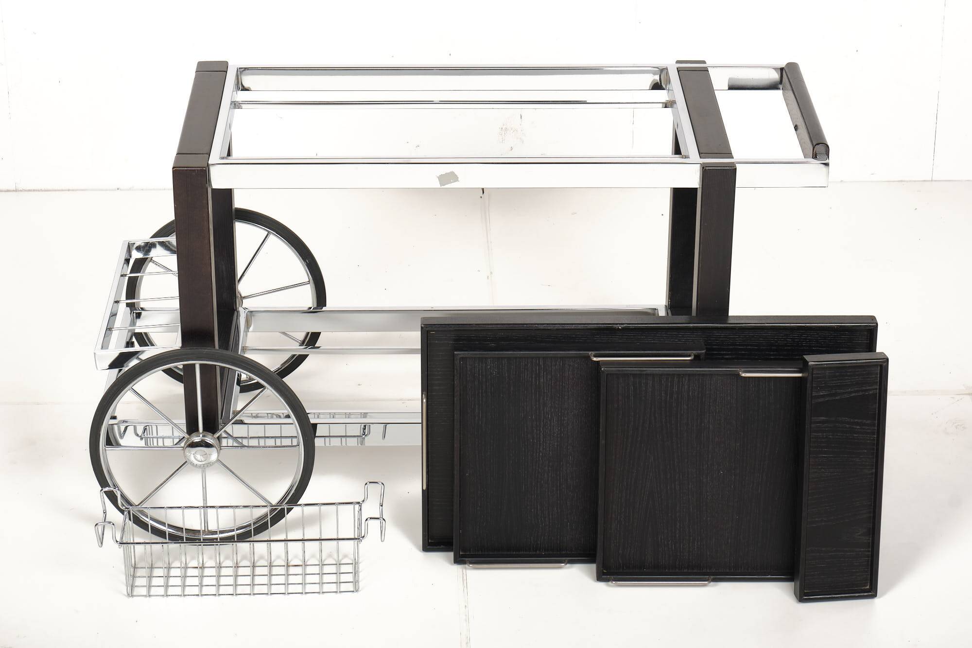 Tea trolley, black ash, chrome, vintage, modular, ca 1980