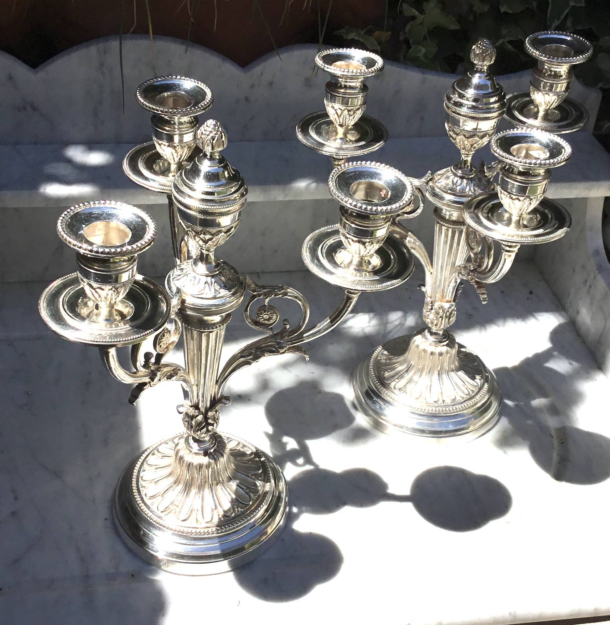 Pair of silver-plated candelabra in Louis XVI style