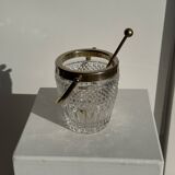 Small golden glass ice bucket with diamond point design and its scoop.