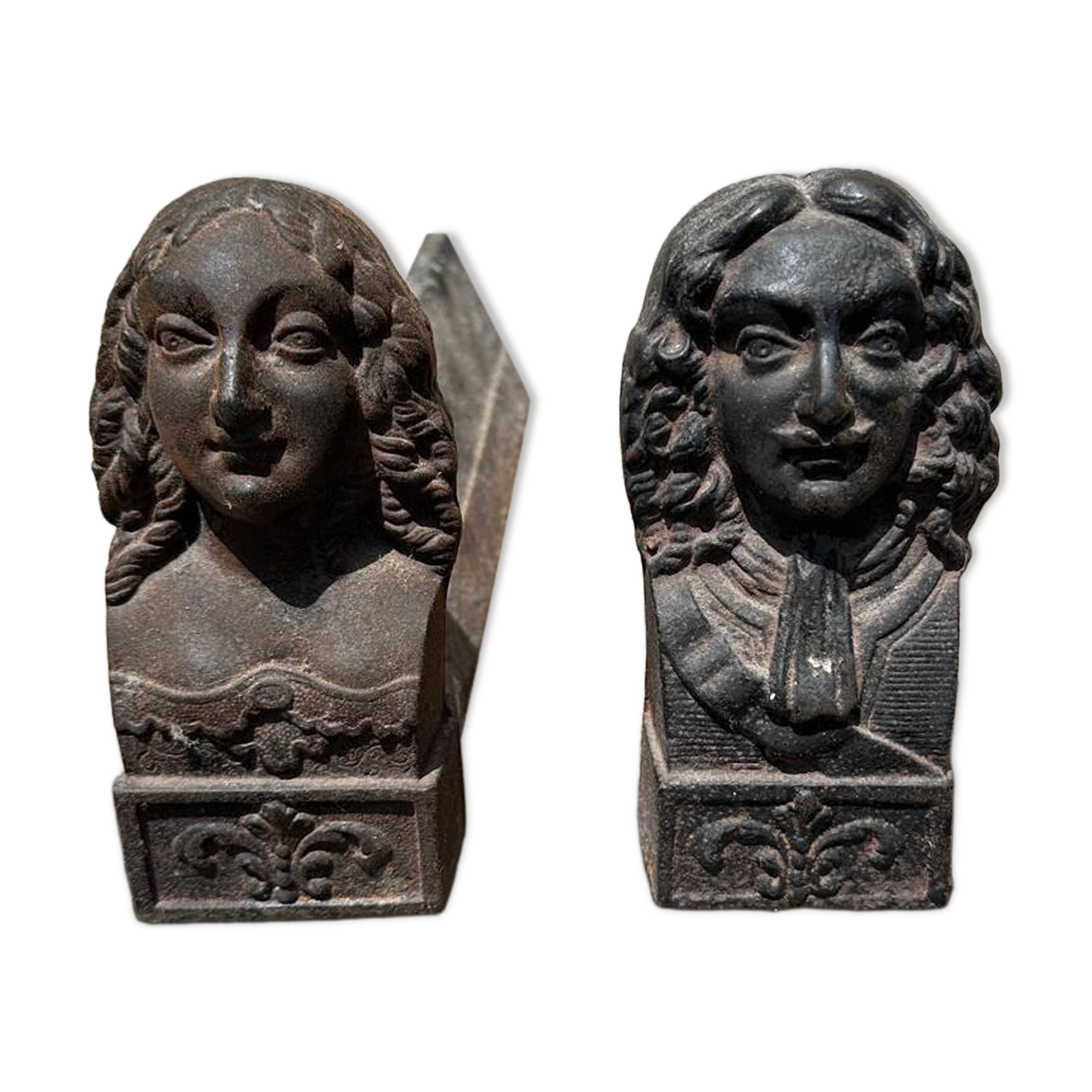 Pair of antique cast iron fireplace andirons, male and female couple