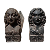 Pair of antique cast iron fireplace andirons, male and female couple