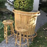 Rattan and bamboo bar & his 2 stools vintage 1950