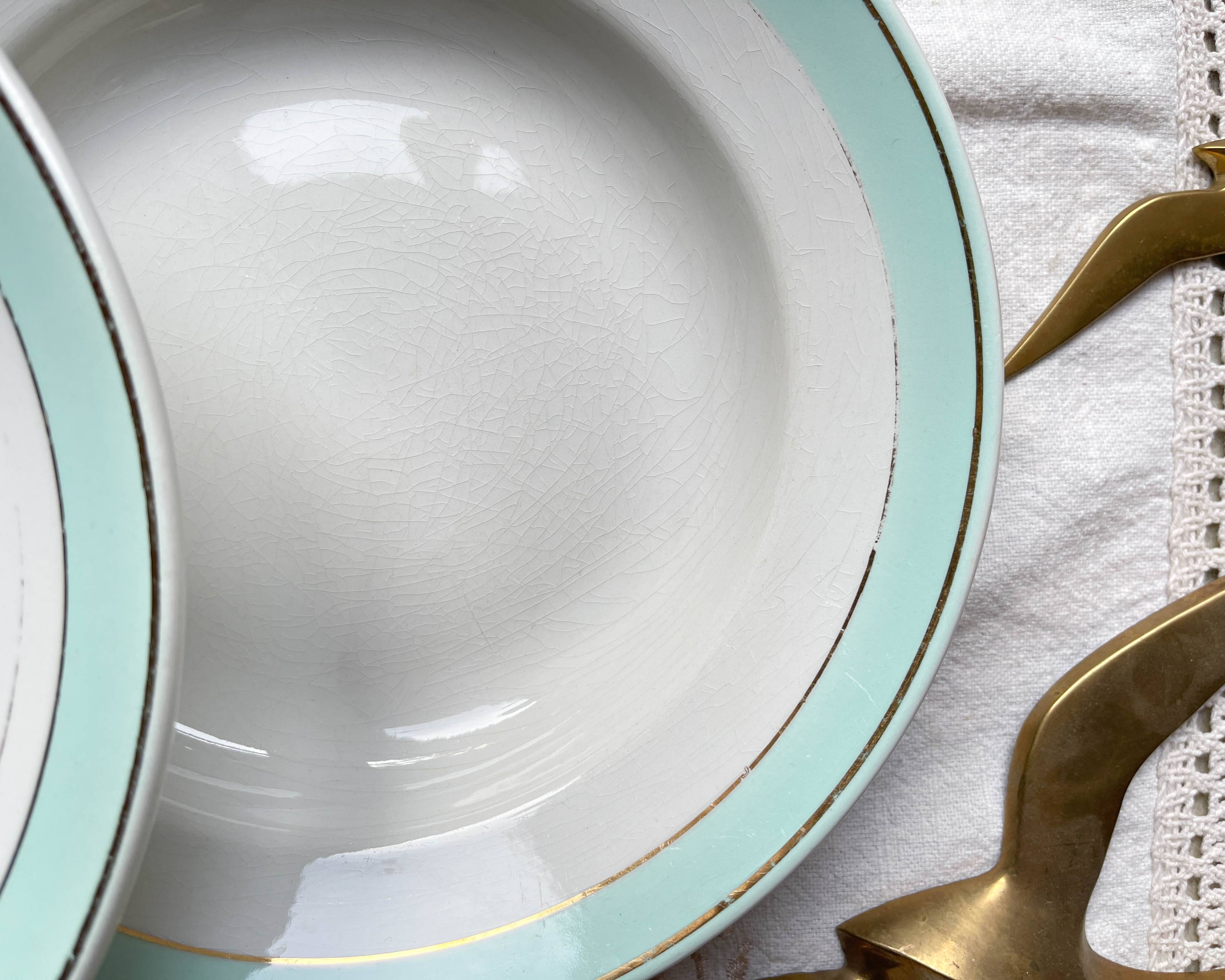 6 vintage LUNEVILLE earthenware soup plates, white, green and gold