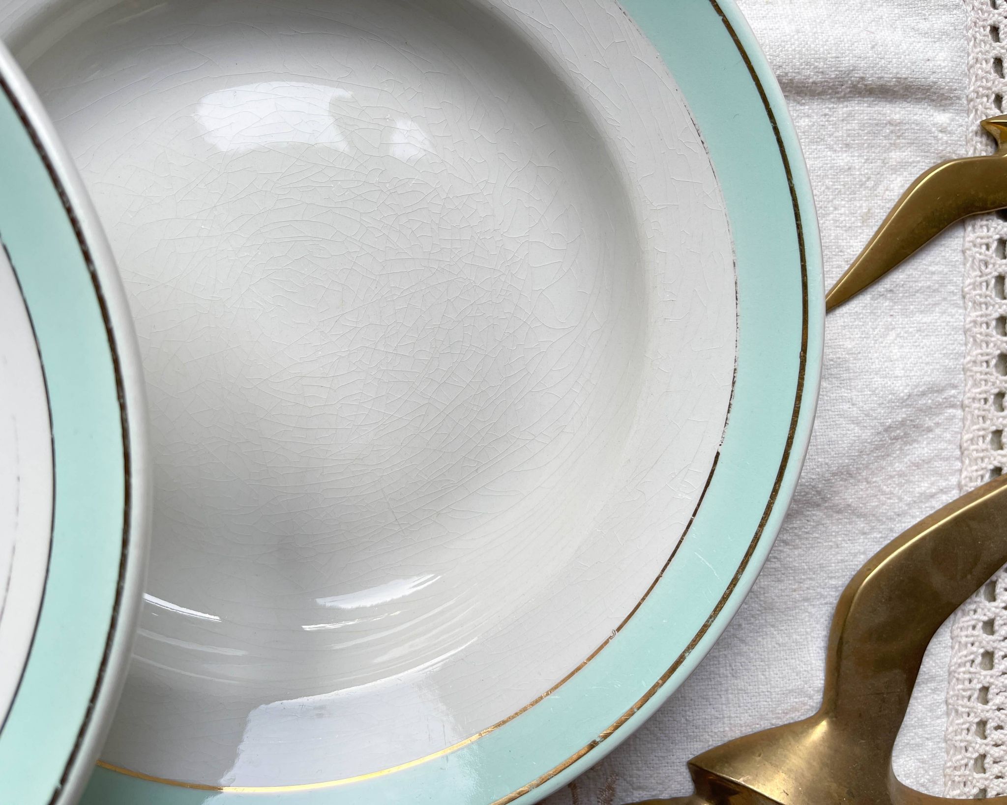 6 vintage LUNEVILLE earthenware soup plates, white, green and gold