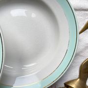 6 vintage LUNEVILLE earthenware soup plates, white, green and gold