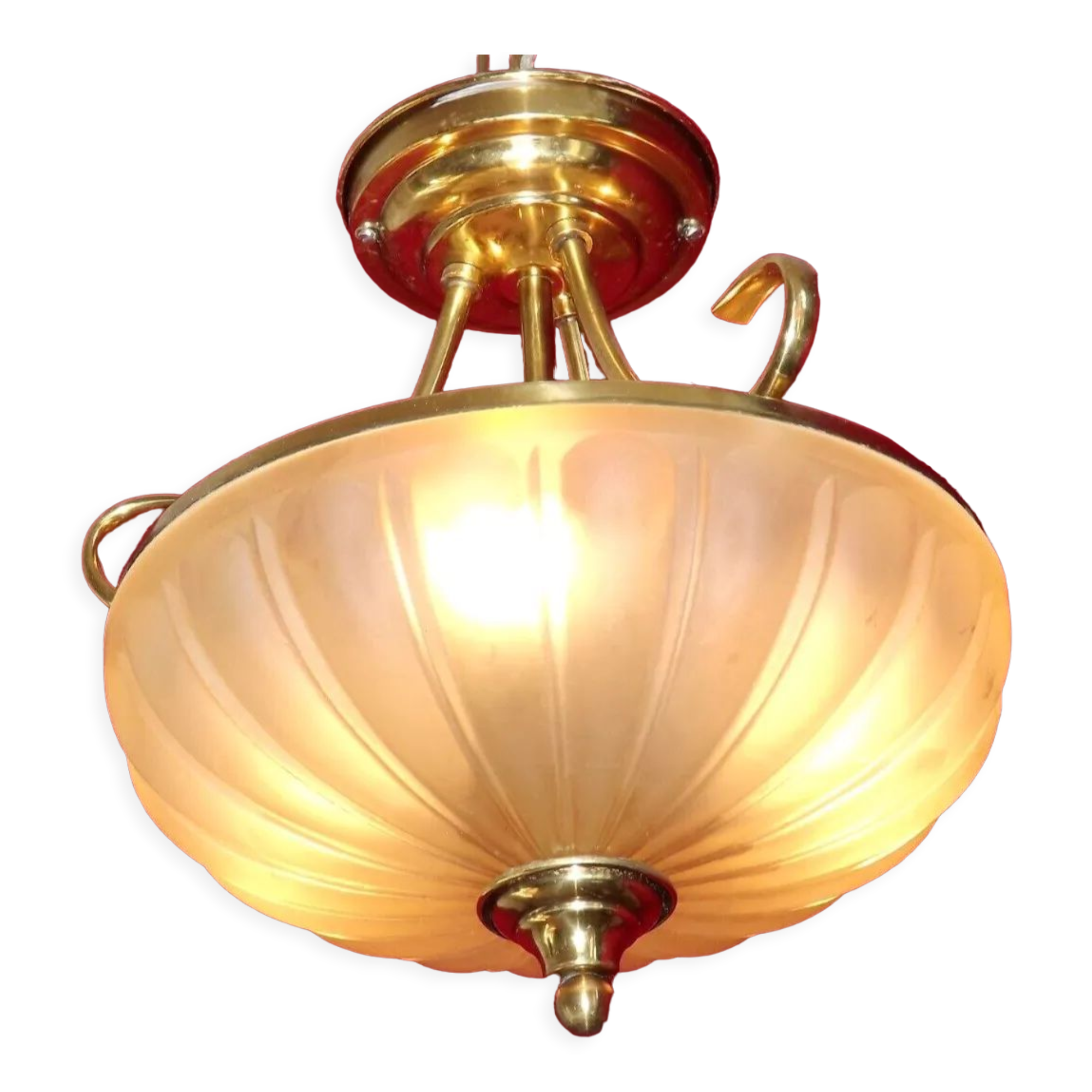 French mid century 3 bulb brass semi flush ceiling light opaque glass shade