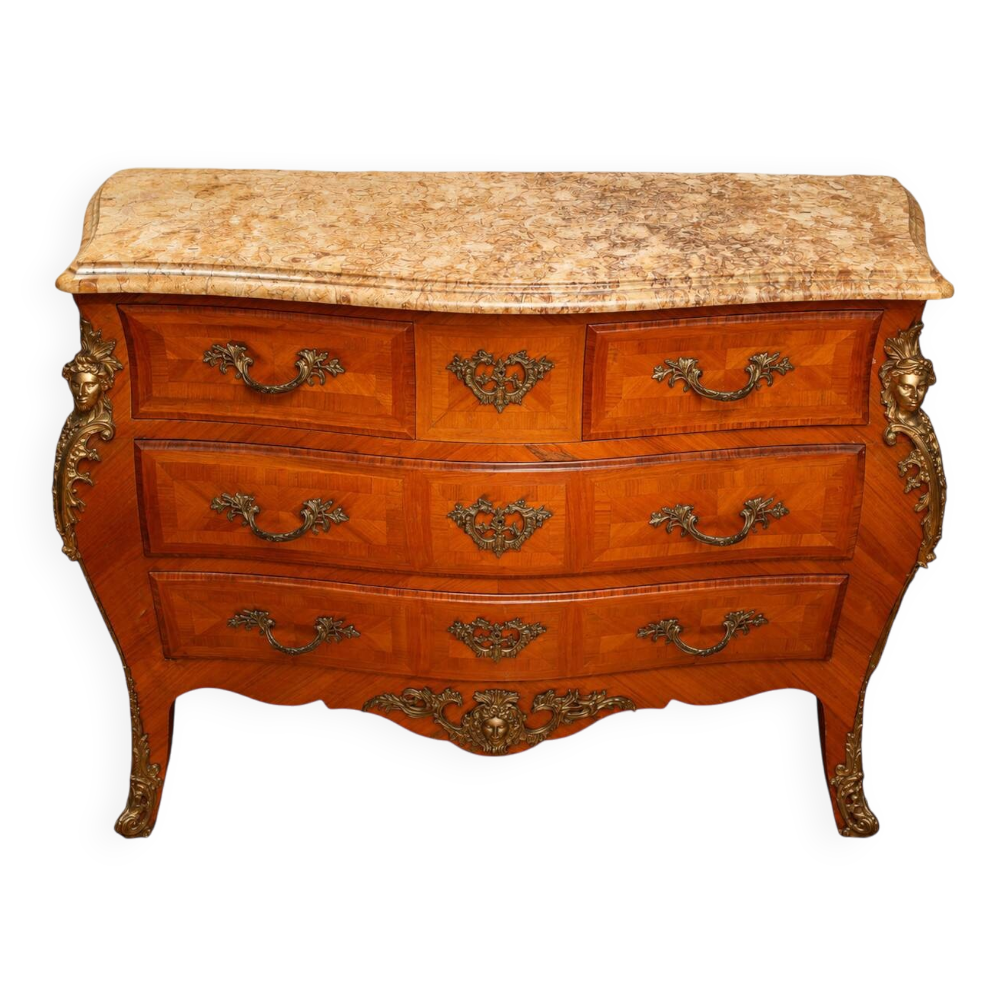 Commode Galbée De Style Louis XV En Marqueterie, Plateau De Marbre