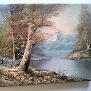 Antique oil painting – Lakeside – nature and tranquility