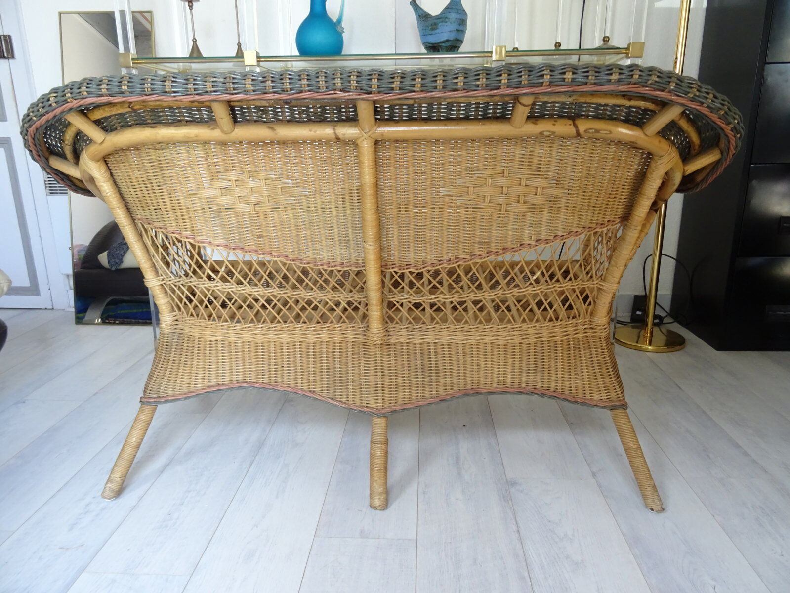 Vintage rattan lounge: one bench, two armchairs