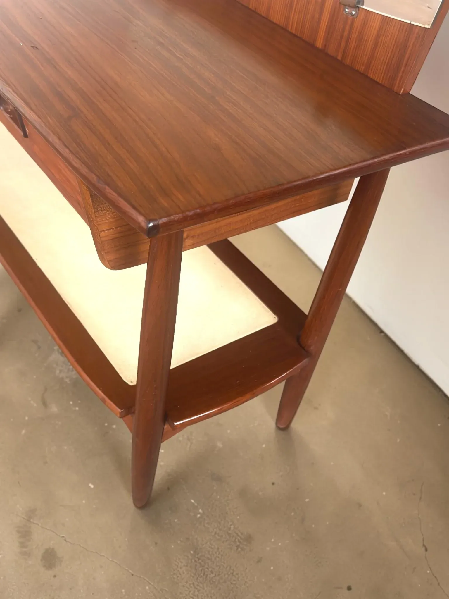 Vintage teak dressing table with mirror and drawers.