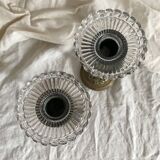 Pair of openwork brass candlesticks and glass bobeches