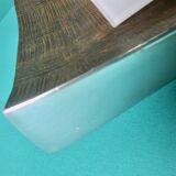 Pair of wall sconces in gold-plated alloy with bas-relief and opaline glass. Germany, 1980