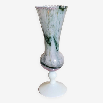 Vase on foot in opaline and vintage blown glass 30 cm